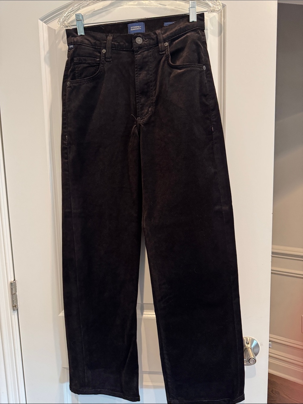 Citizens of Humanity chocolate brown velvet Ayla barrel pants.